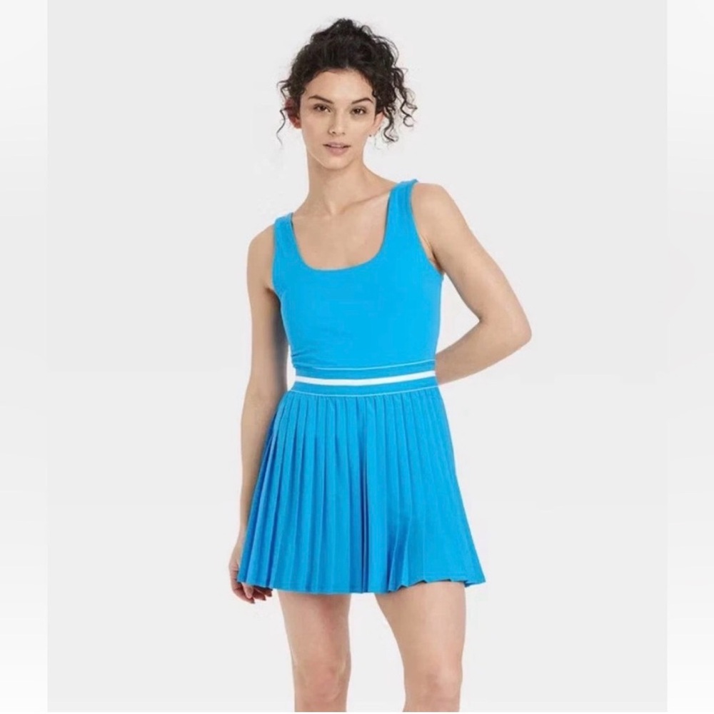 Blue Pleated Tennis Skirt with Stripe Waist